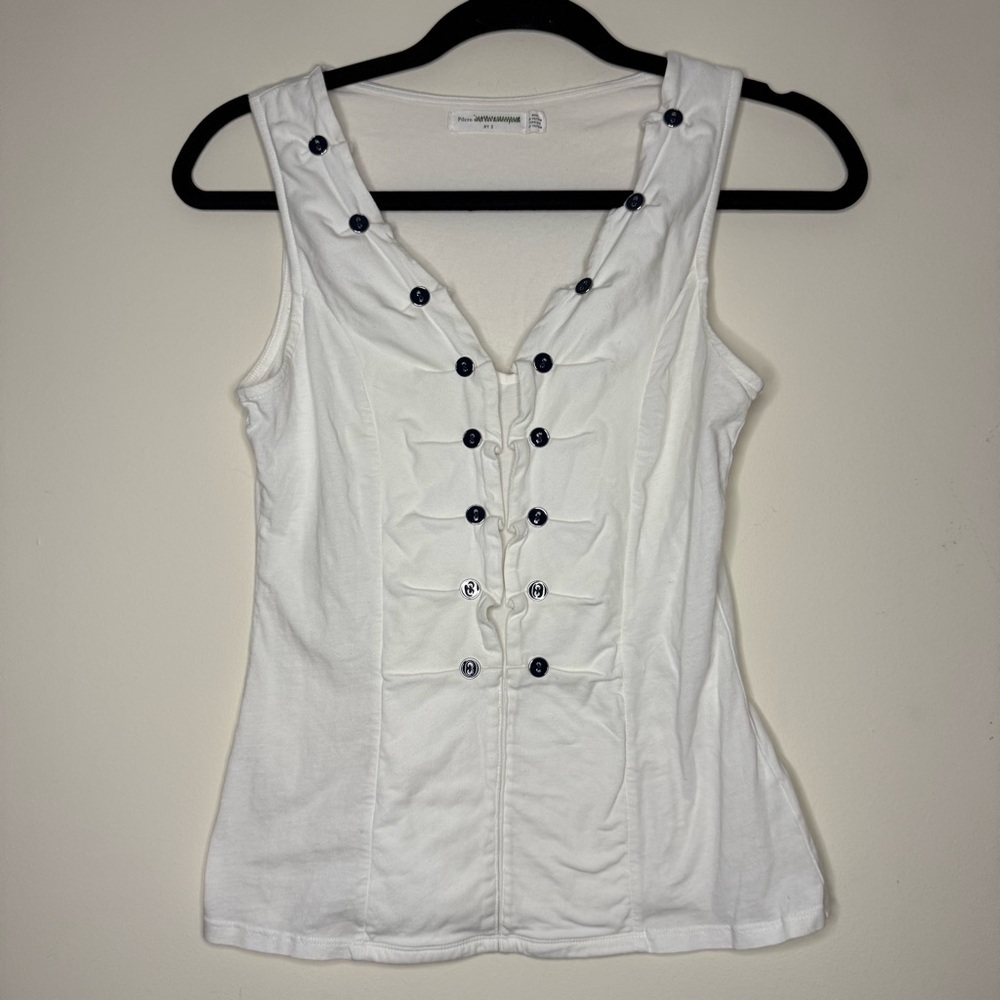 ANTHRO PILCRO Who’s Got The Buttons Beachy Coastal Sailor White Tank Top